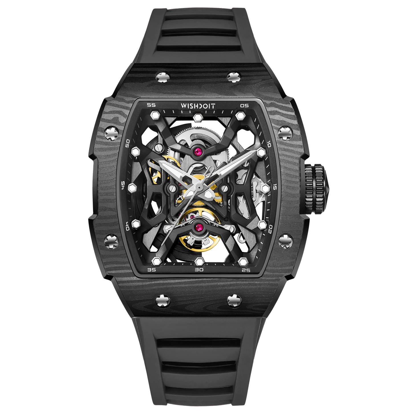 Wishdoit Watches Tonneau Luxury Automatic Mechanical Aerial Prism Skeleton watch | Fluorine Rubber Watch Strap|Black (Black Strap)