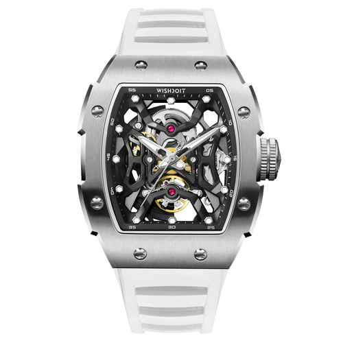 Wishdoit Watches Tonneau Luxury Automatic Mechanical Aerial Prism Skeleton watch | Fluorine Rubber Watch Strap|Silvery (White Strap)