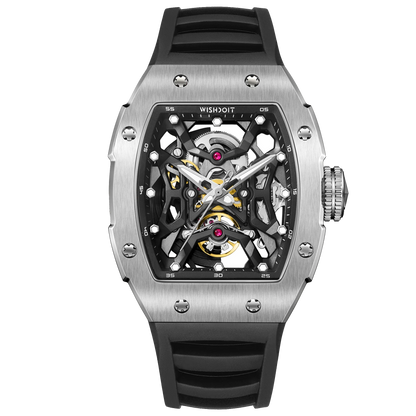 Wishdoit Watches Tonneau Luxury Automatic Mechanical Aerial Prism Skeleton watch | Fluorine Rubber Watch Strap|Silvery (Black Strap)