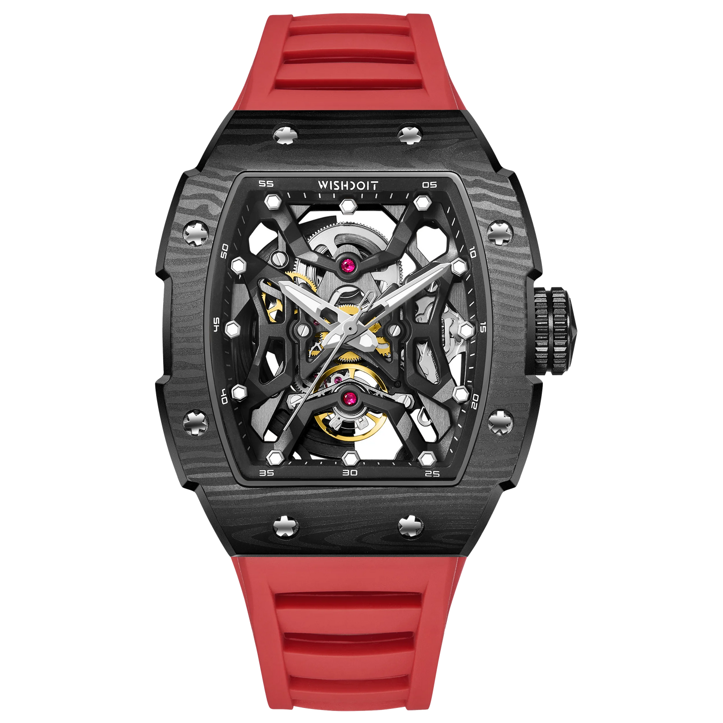 Wishdoit Watches Tonneau Luxury Automatic Mechanical Aerial Prism Skeleton watch | Fluorine Rubber Watch Strap|Black (Red Strap)
