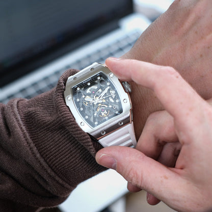Wishdoit Watches Tonneau Luxury Automatic Mechanical Aerial Prism Skeleton watch | Fluorine Rubber Watch Strap|Silvery (White Strap)