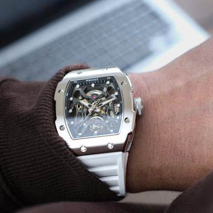 Wishdoit Watches Tonneau Luxury Automatic Mechanical Aerial Prism Skeleton watch | Fluorine Rubber Watch Strap|Silvery (White Strap)