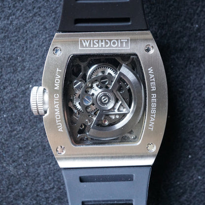 Wishdoit Watches Tonneau Luxury Automatic Mechanical Aerial Prism Skeleton watch | Fluorine Rubber Watch Strap|Silvery 